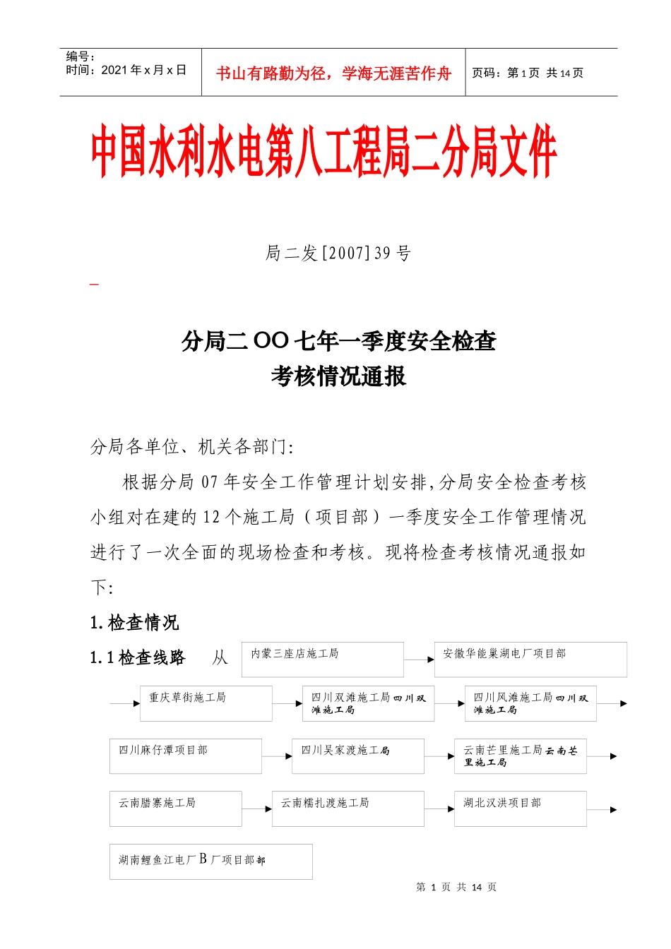 分局二OO七年一季度安全检查考核情况通报_第1页