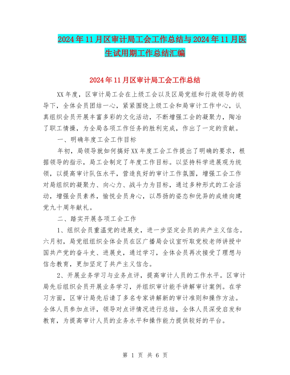 2024年11月区审计局工会工作总结与2024年11月医生试用期工作总结汇编_第1页