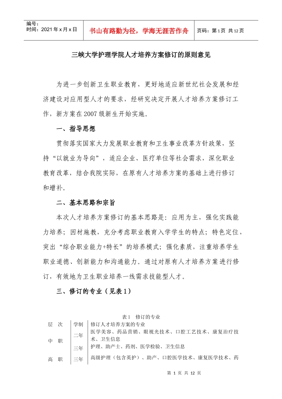 大学护理学院人才培养方案修订的原则意见_第1页
