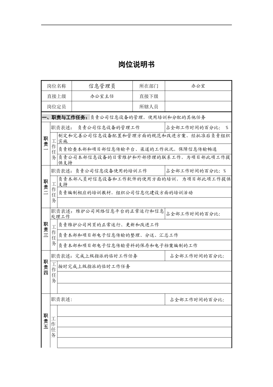 办公室-信息管理员岗位说明书_第1页