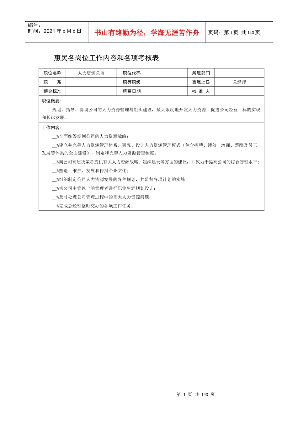 各岗位工作内容和各项考核表_第1页