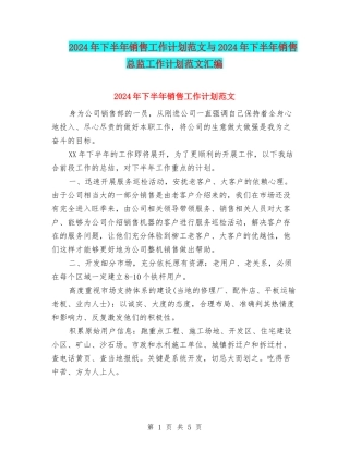 2024年下半年销售工作计划范文与2024年下半年销售总监工作计划范文汇编