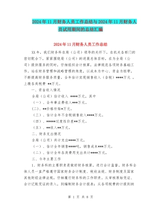 2024年11月财务人员工作总结与2024年11月财务人员试用期间的总结汇编