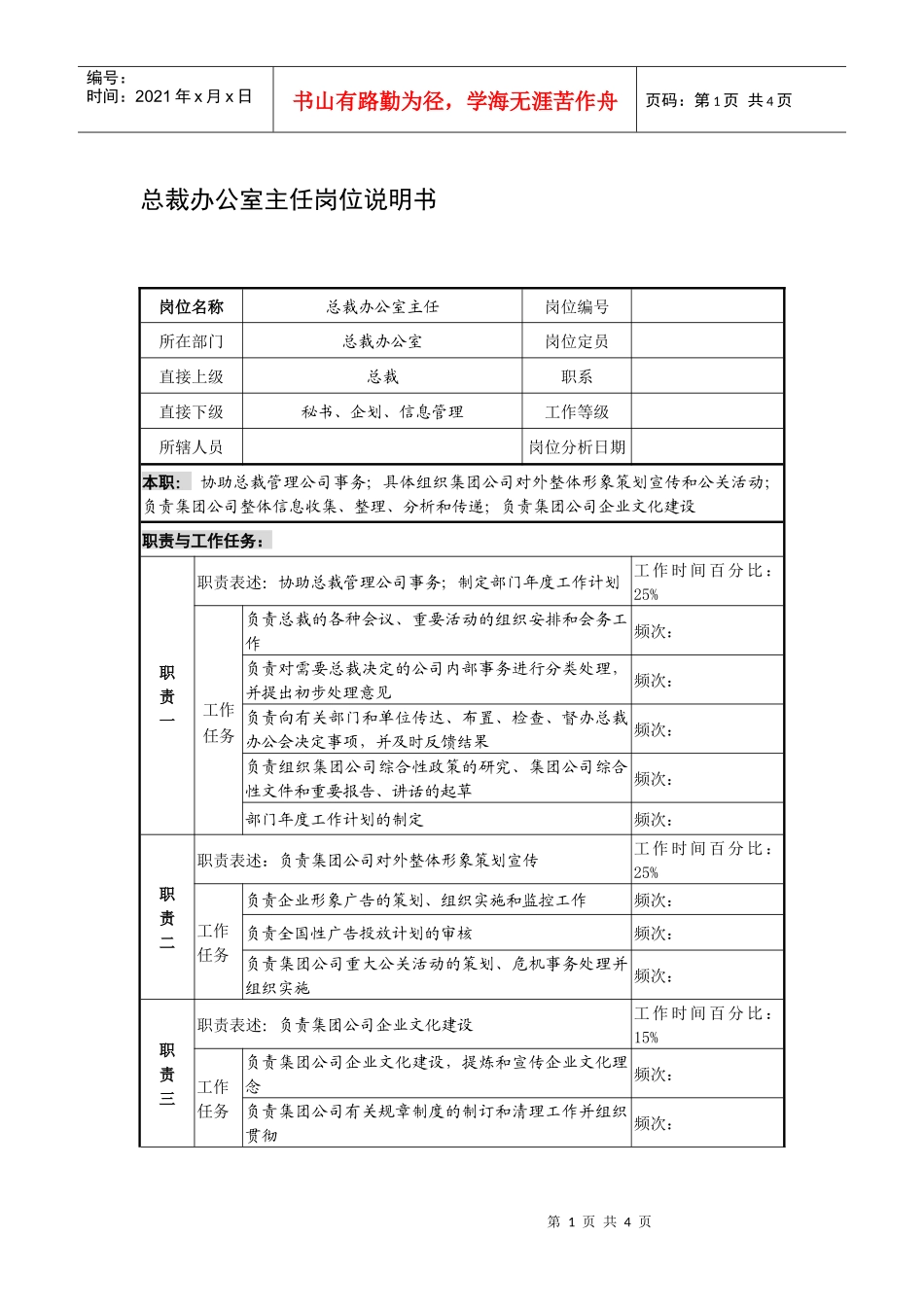 制鞋企业总裁办公室主任岗位说明书_第1页