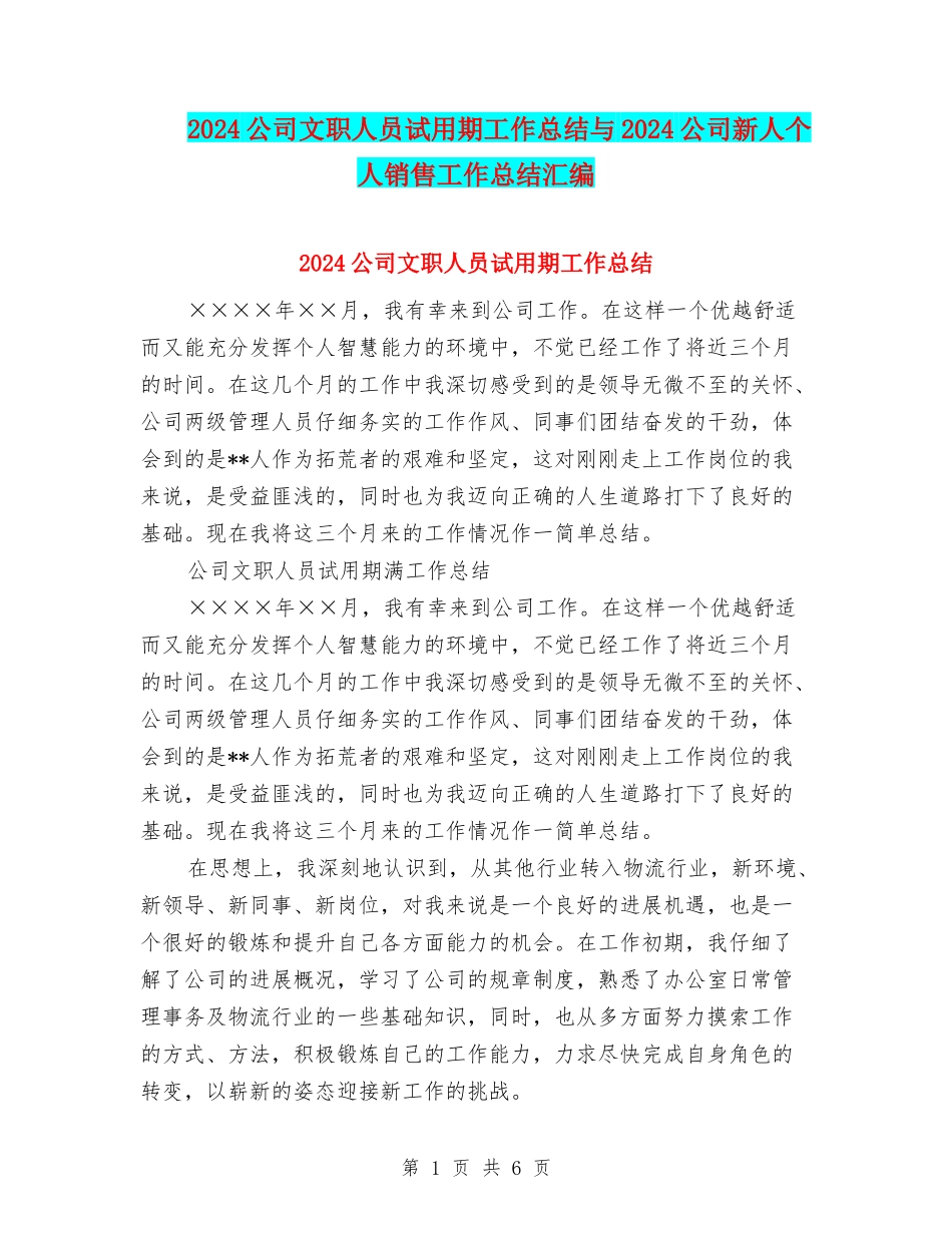 2024公司文职人员试用期工作总结与2024公司新人个人销售工作总结汇编_第1页