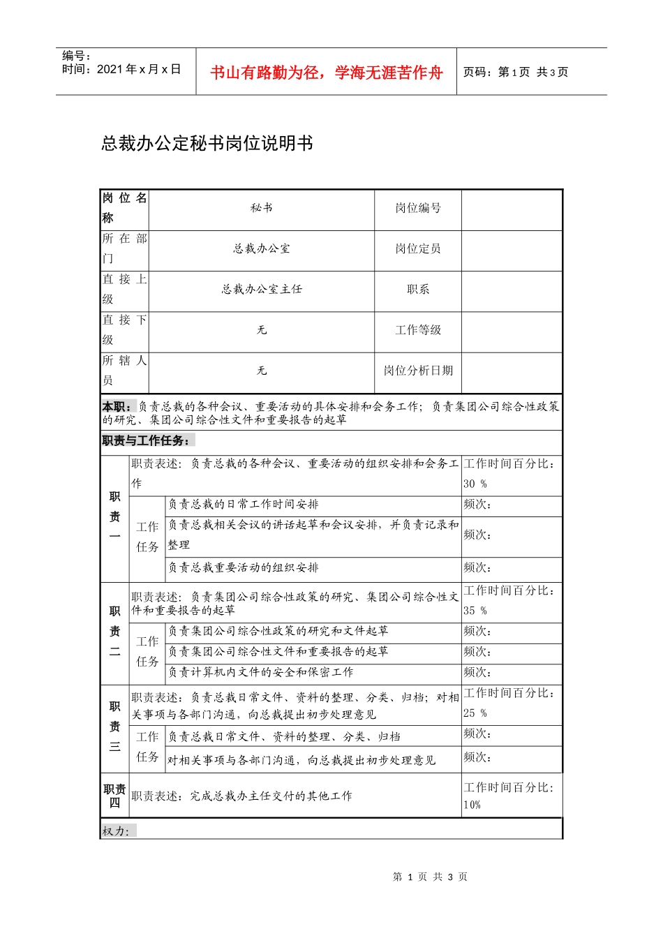制鞋企业总裁办公定秘书岗位说明书_第1页