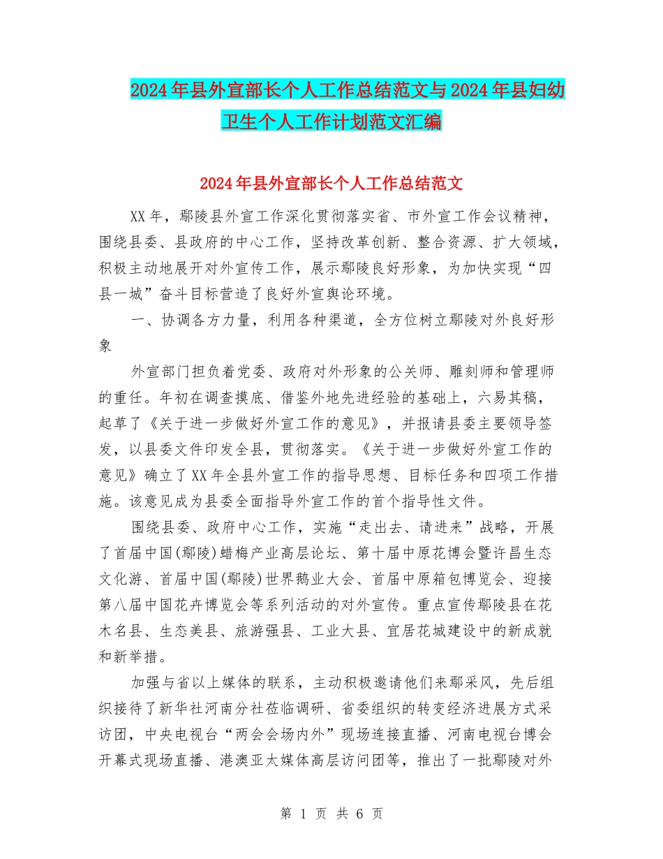 2024年县外宣部长个人工作总结范文与2024年县妇幼卫生个人工作计划范文汇编_第1页