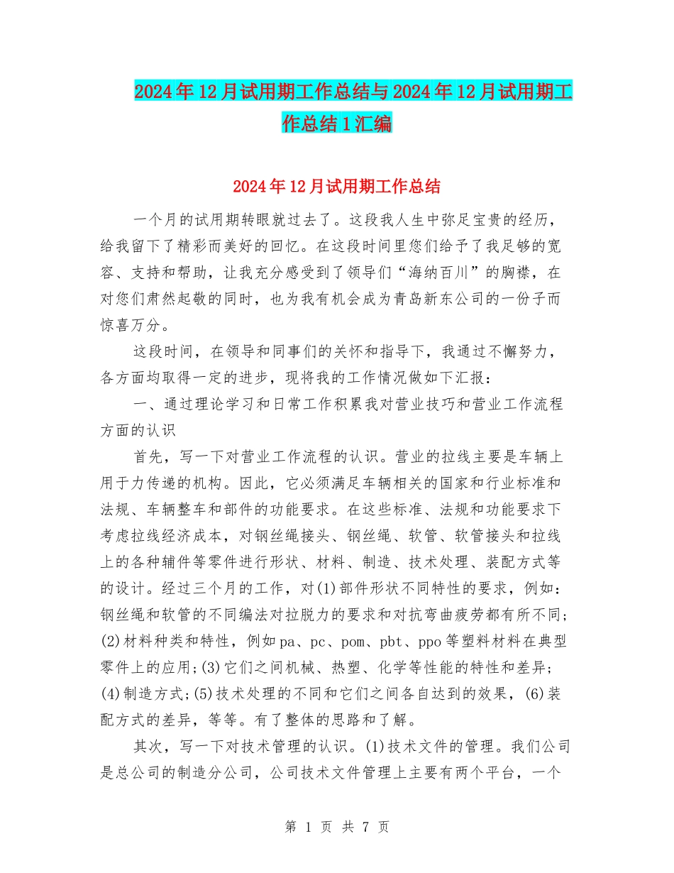 2024年12月试用期工作总结与2024年12月试用期工作总结1汇编_第1页
