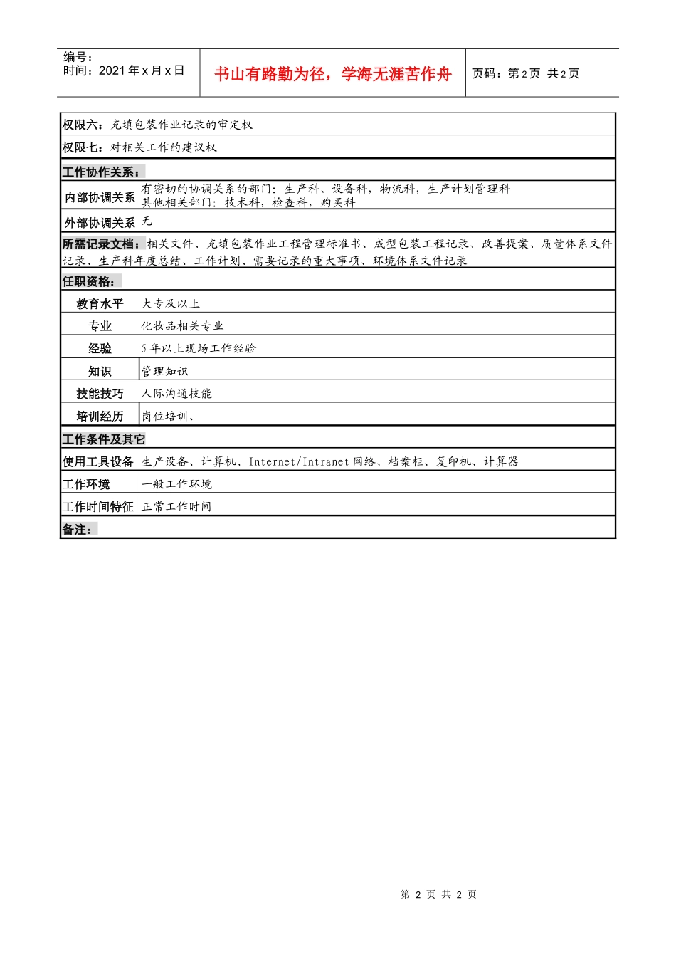 化妆品公司生产科主管岗位说明书_第2页
