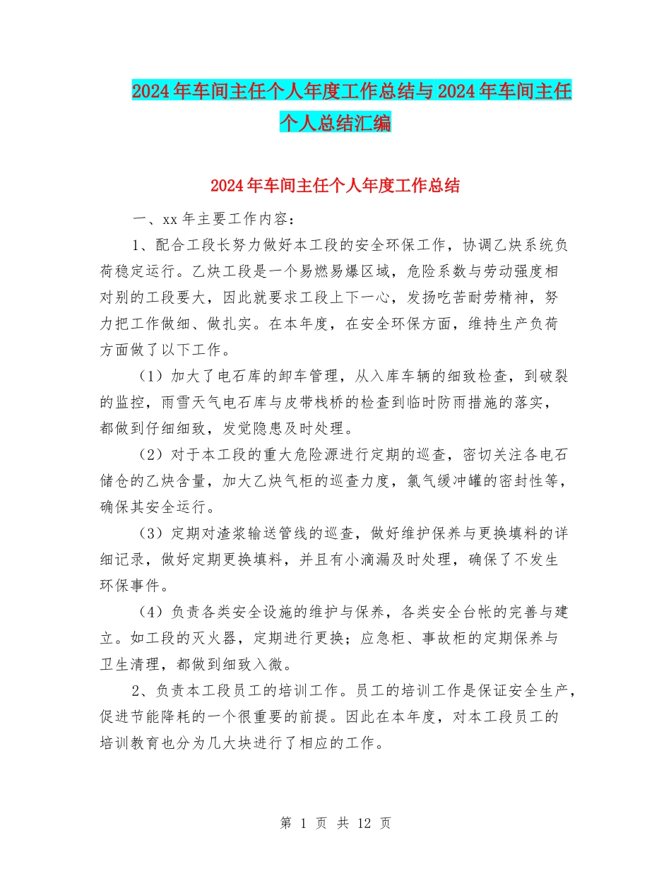 2024年车间主任个人年度工作总结与2024年车间主任个人总结汇编_第1页