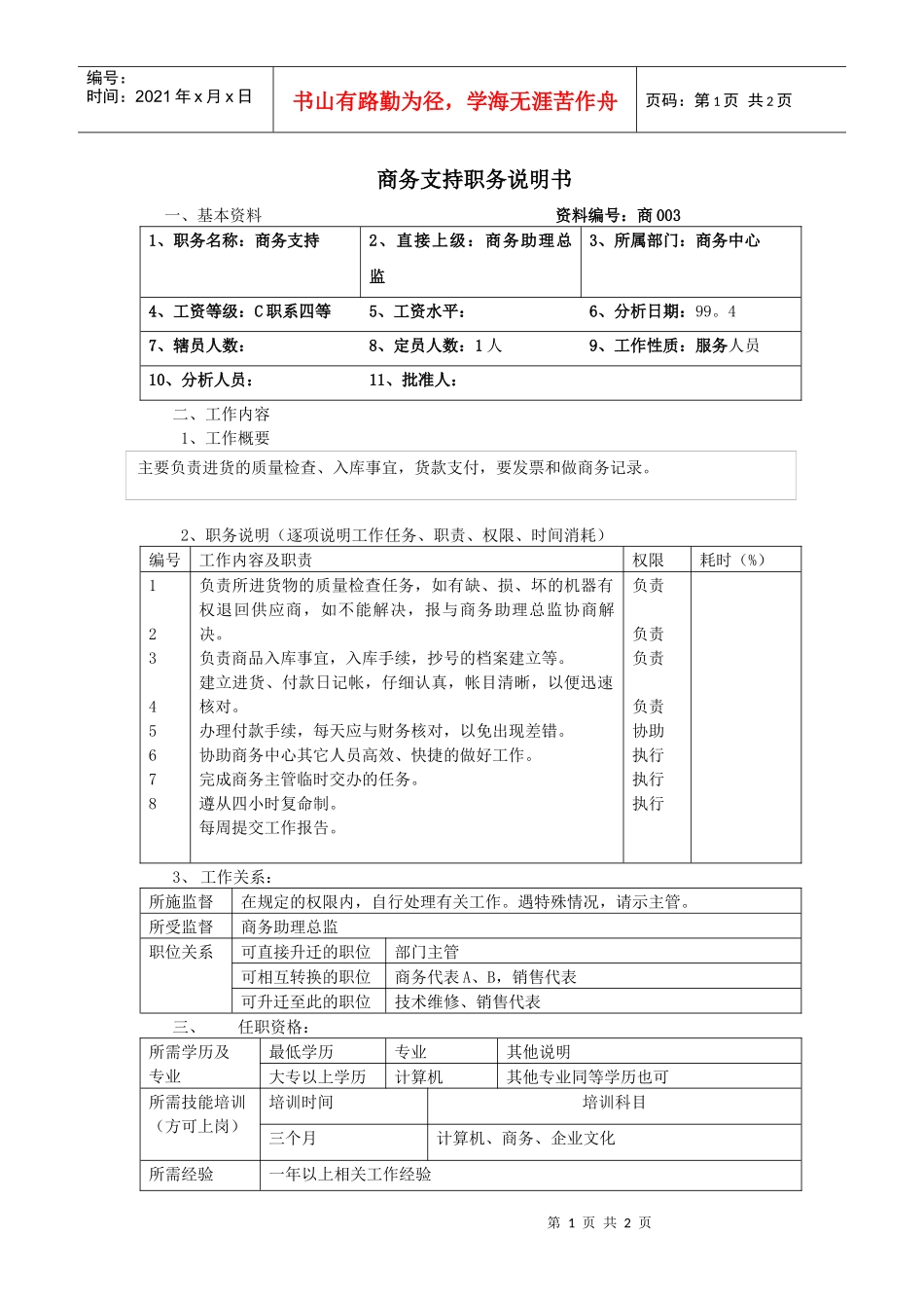 商务支持职务说明书_第1页