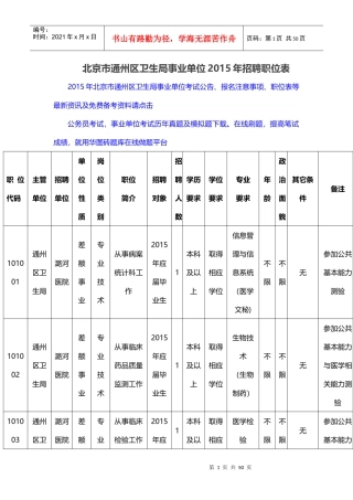 北京市通州区卫生局事业单位XXXX年招聘职位表