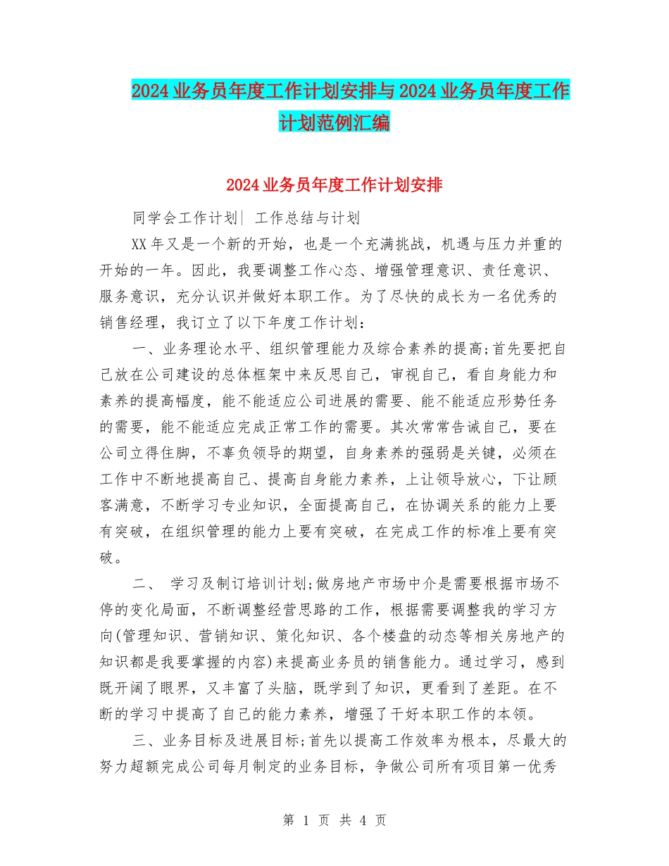 2024业务员年度工作计划安排与2024业务员年度工作计划范例汇编_第1页