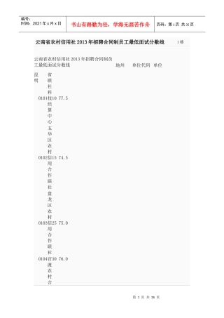 云南省农村信用社XXXX年招聘合同制员工最低面试分数线