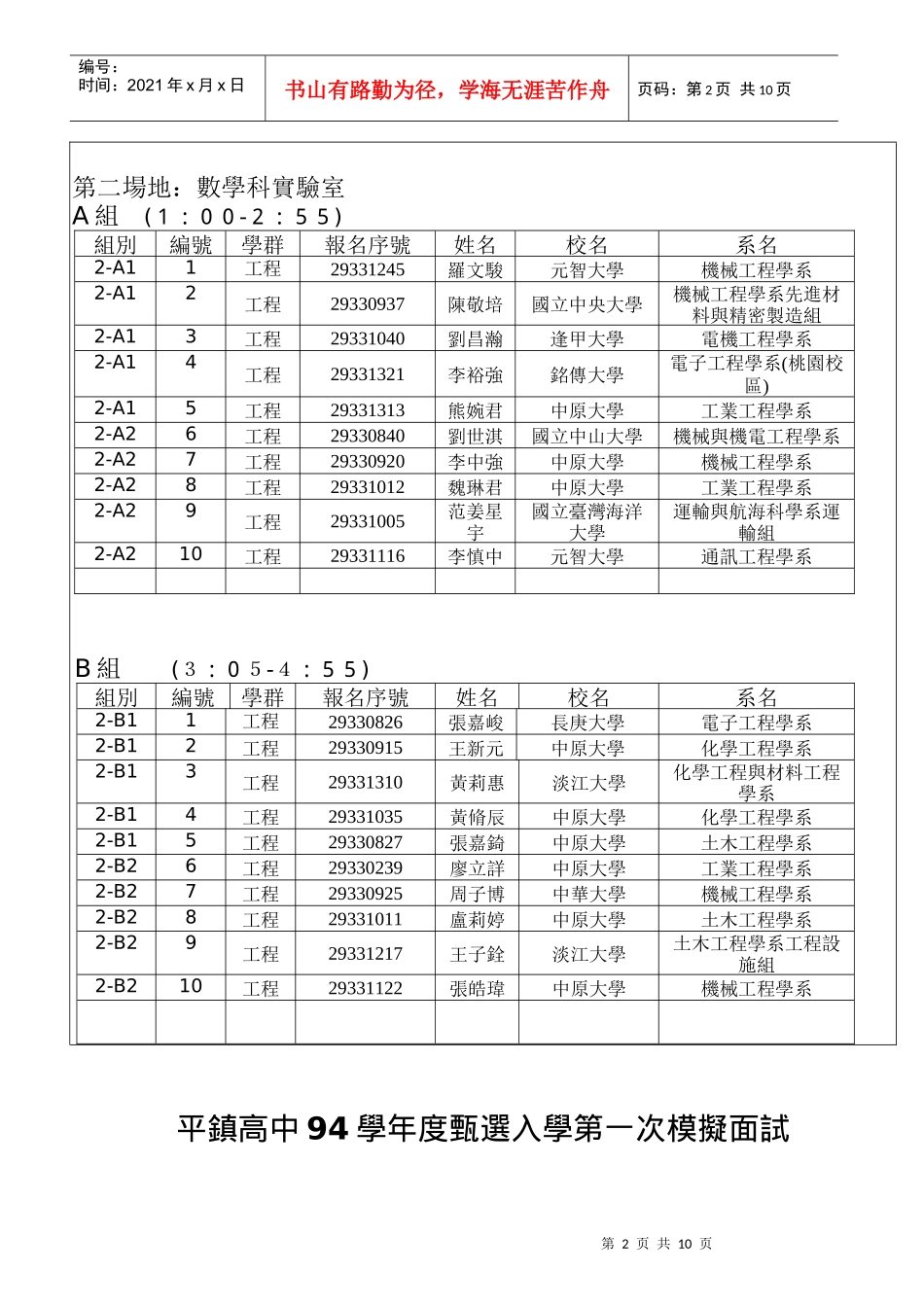 平镇高中94学年度甄选入学第一次模拟面试_第2页