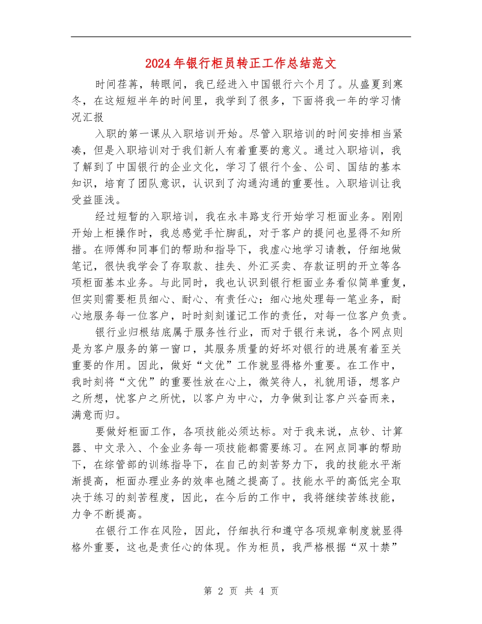 2024年银行柜员转正工作总结范文_第2页