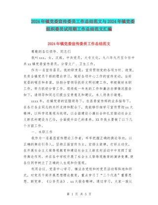 2024年镇党委宣传委员工作总结范文与2024年镇党委组织委员试用期工作总结范文汇编