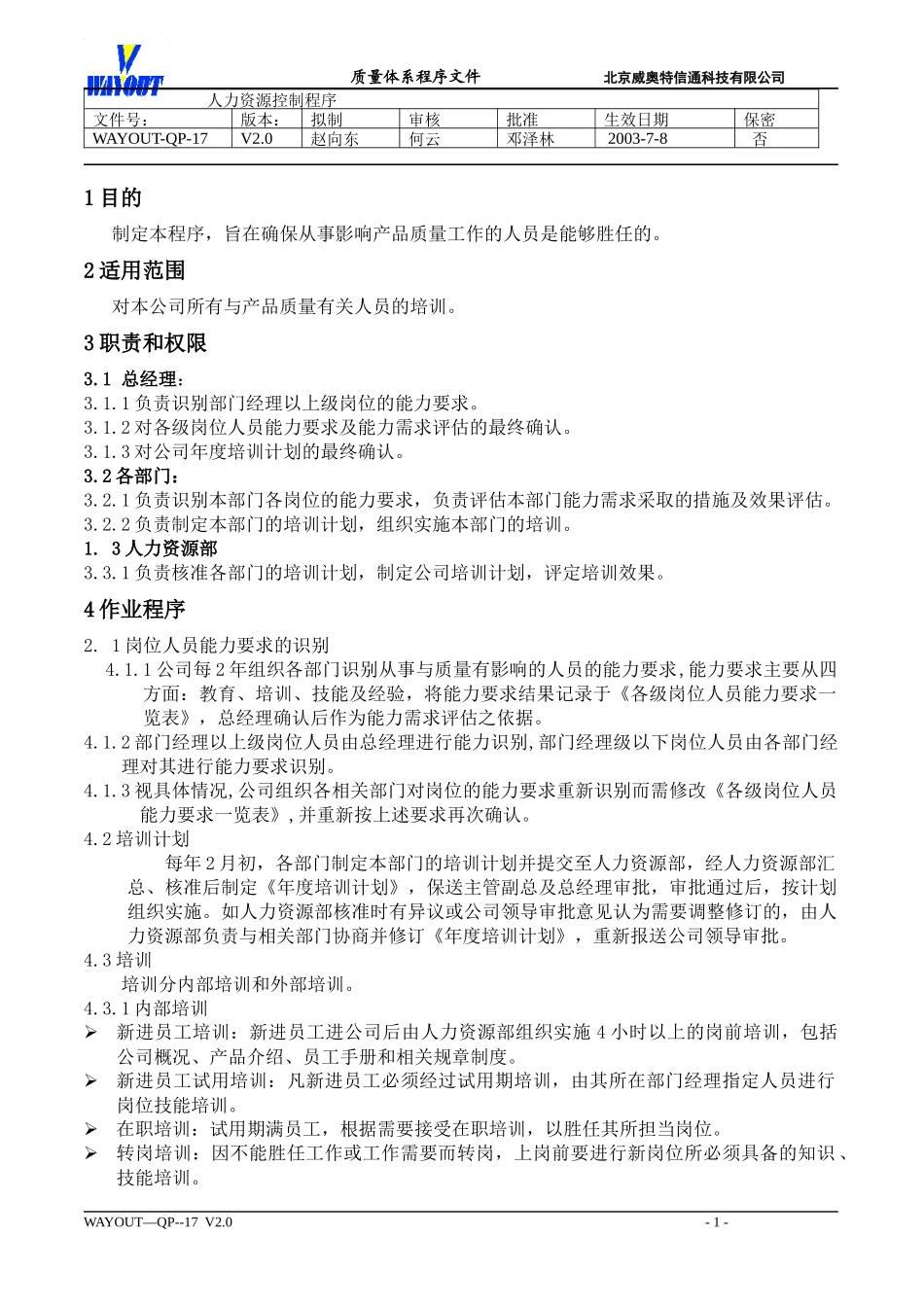 人力资源-2022WAYOUT-QP-17人力资源控制程序_第1页