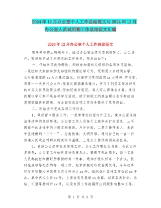 2024年12月办公室个人工作总结范文与2024年12月办公室人员试用期工作总结范文汇编