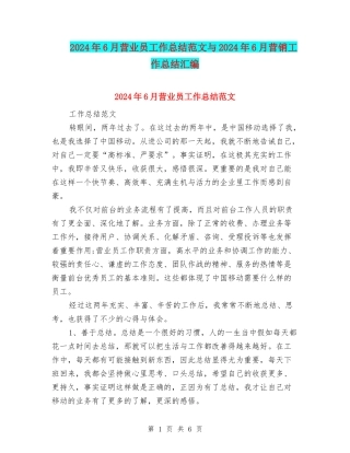 2024年6月营业员工作总结范文与2024年6月营销工作总结汇编