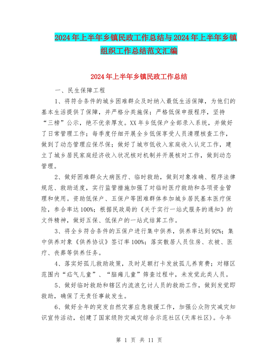 2024年上半年乡镇民政工作总结与2024年上半年乡镇组织工作总结范文汇编_第1页