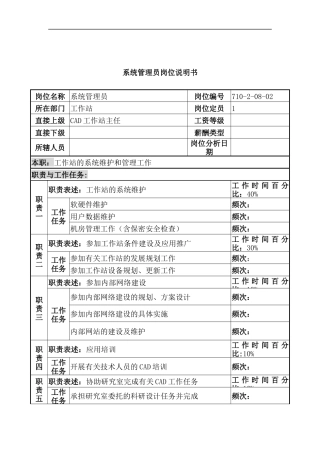 中船重工研究所CAD工作站系统管理员岗位说明书