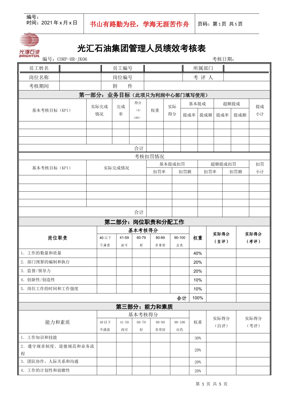 光汇石油集团管理人员绩效考核表_第1页