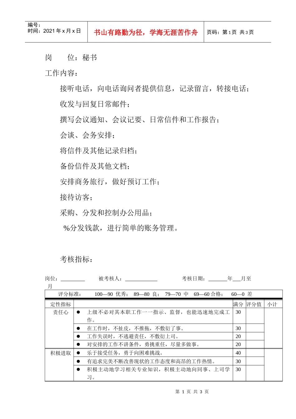 岗位工作内容和年度定性考核指标-秘书_第1页