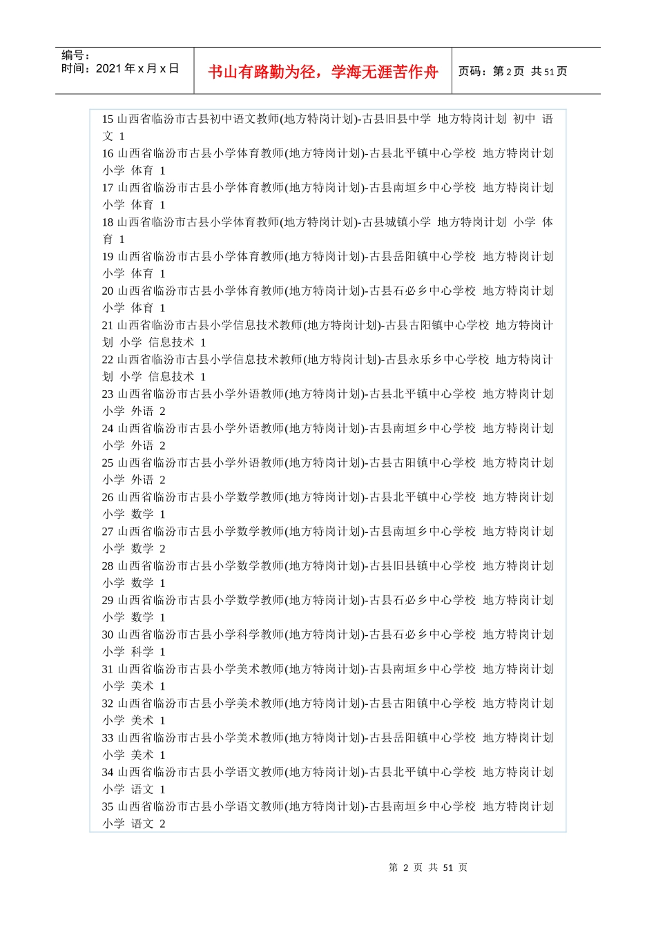 X年山西省特岗教师招聘特岗招生计划列表_第2页