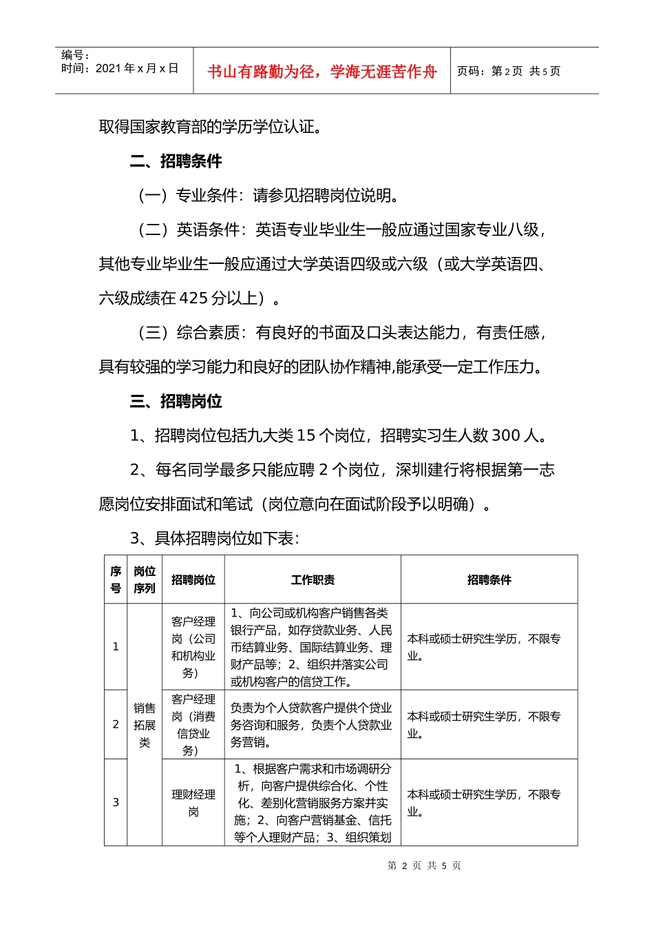 中国某银行深圳市分行XXXX年度校园招聘实习生公告_第2页