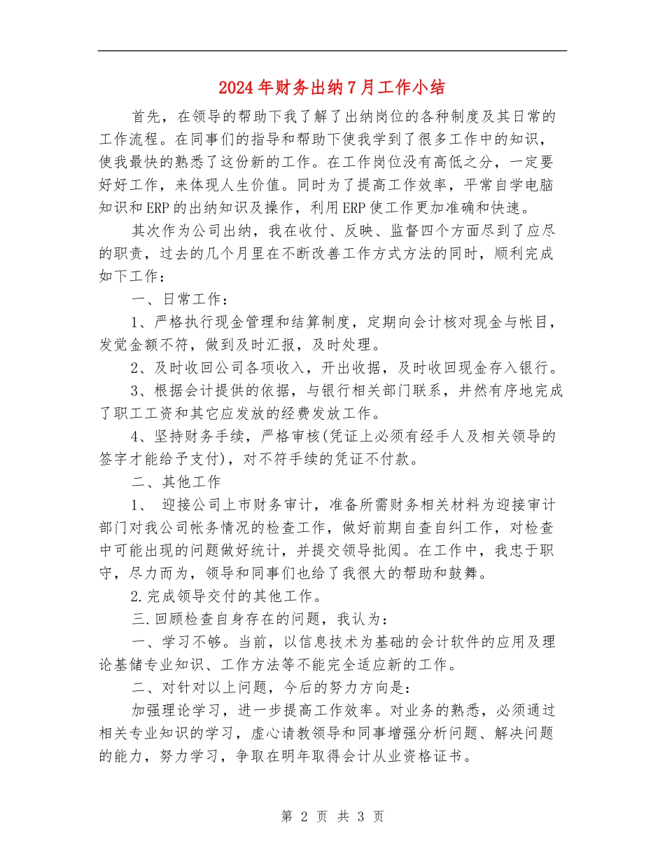 2024年财务出纳7月工作小结_第2页