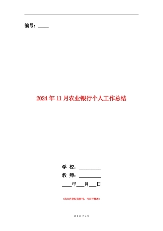 2024年11月农业银行个人工作总结