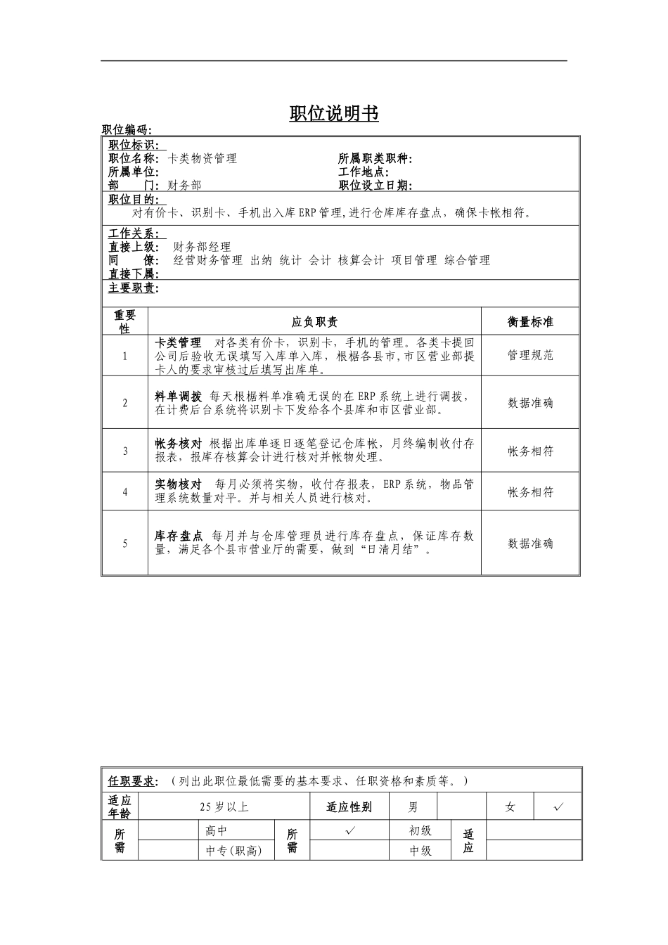 卡类物资管理岗位说明书_第1页