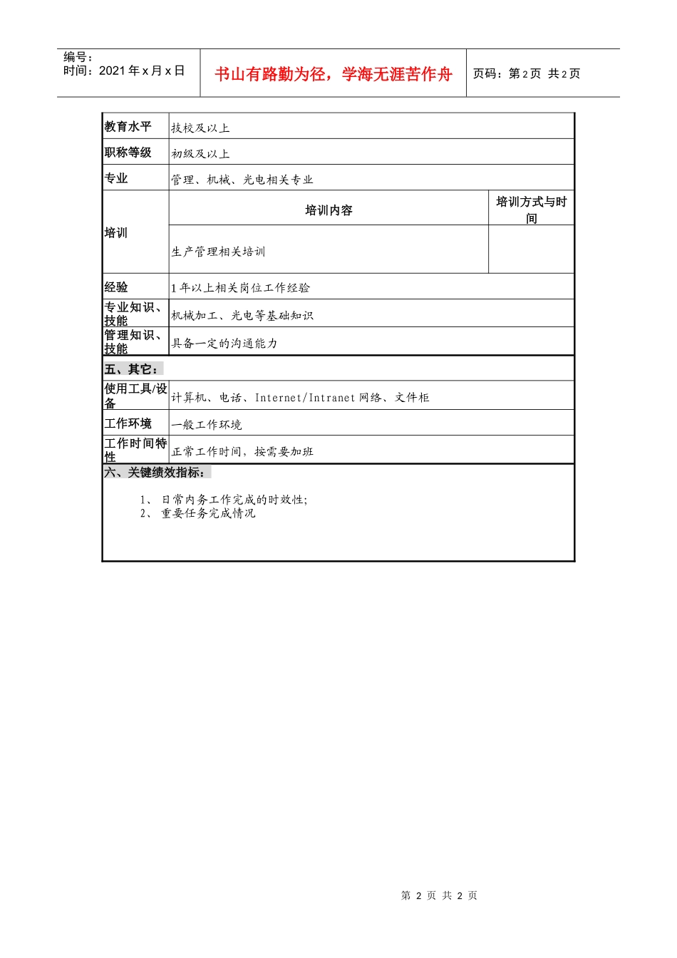 仪器生产企业机加分厂办事员职位说明书_第2页