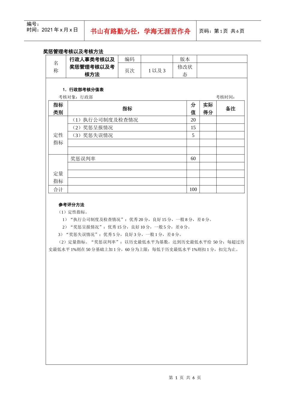 奖惩管理考核以及考核方法_第1页