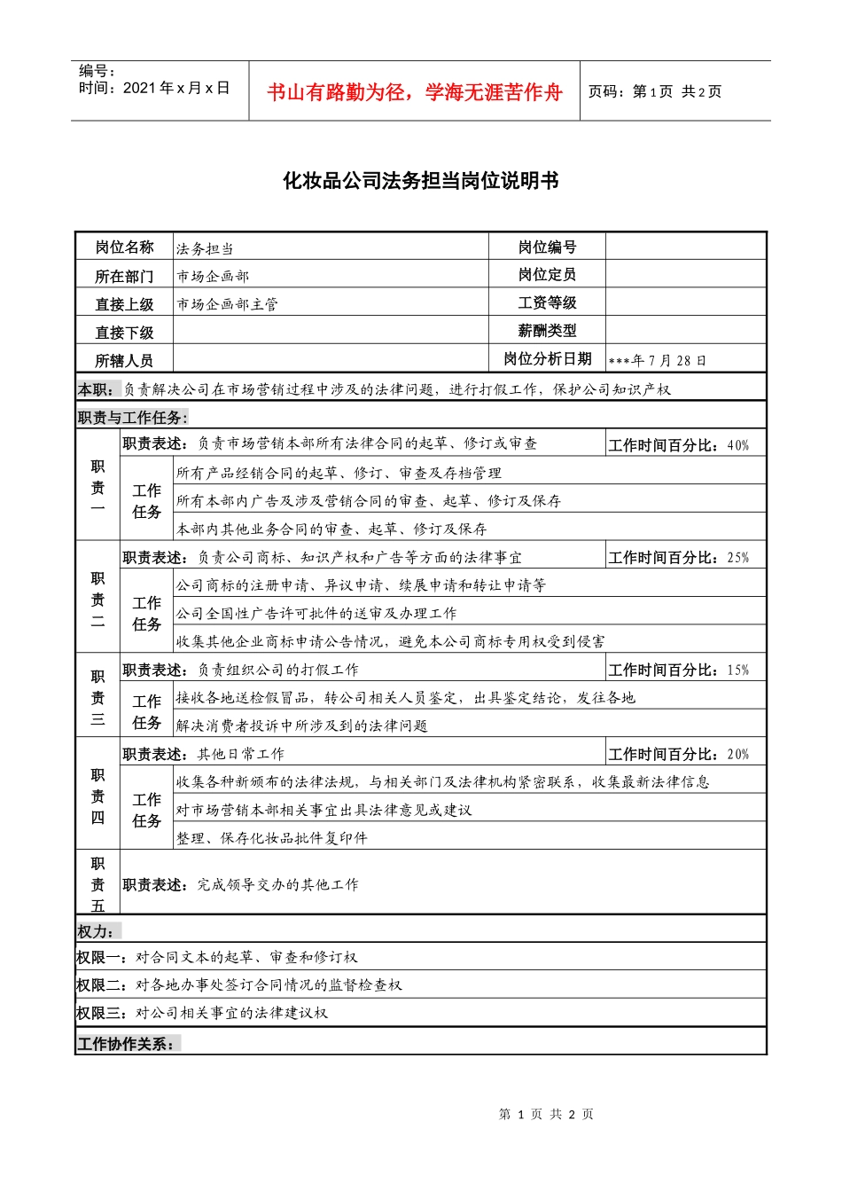 化妆品公司法务担当岗位说明书_第1页