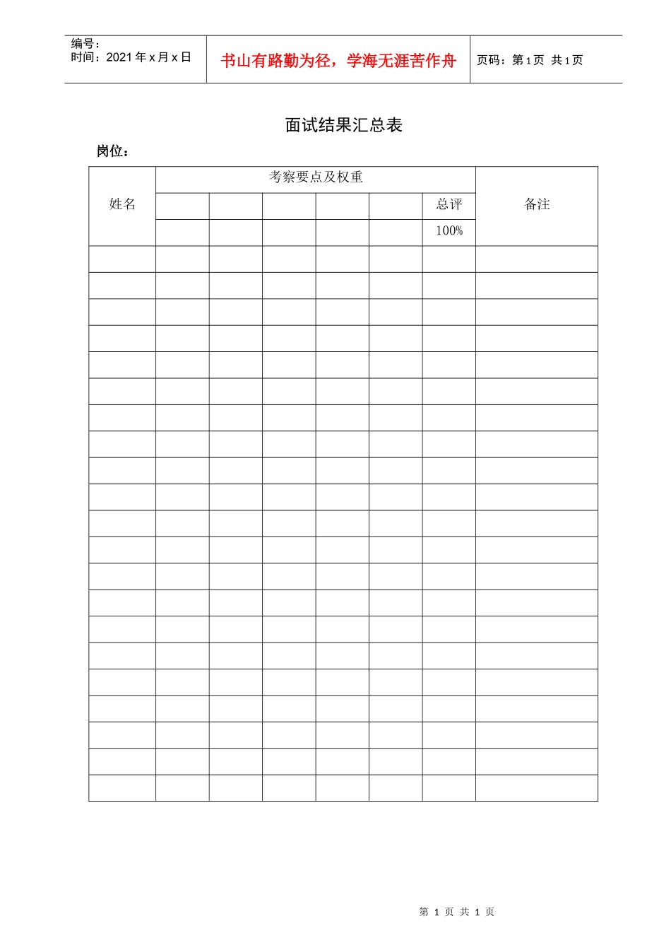 人力资源-20224表单：面试结果汇总表HF304_第1页
