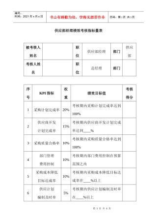 供应部经理绩效考核指标量表