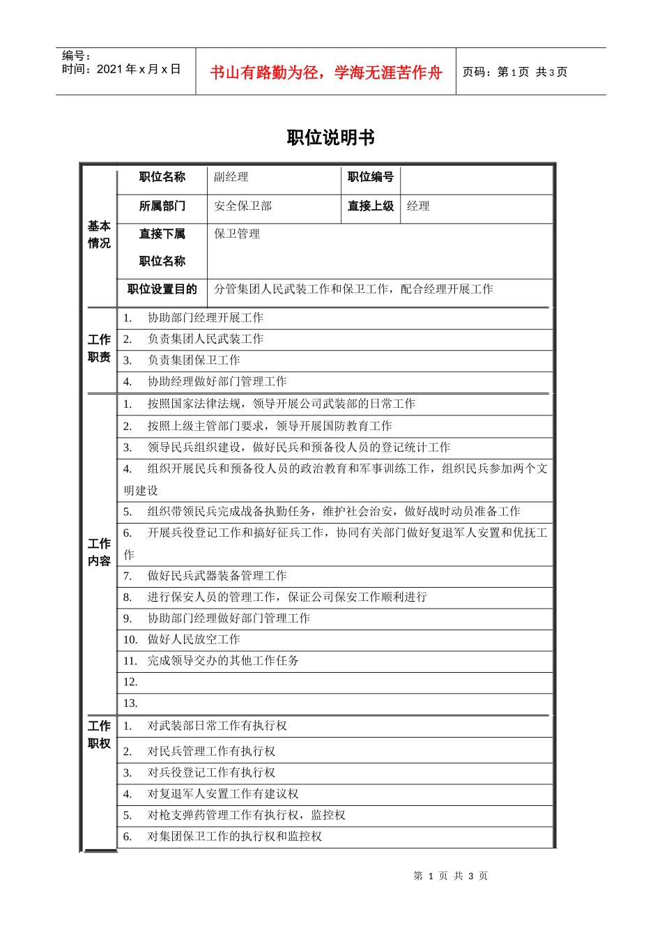 安全保卫部副经理职位说明书_第1页