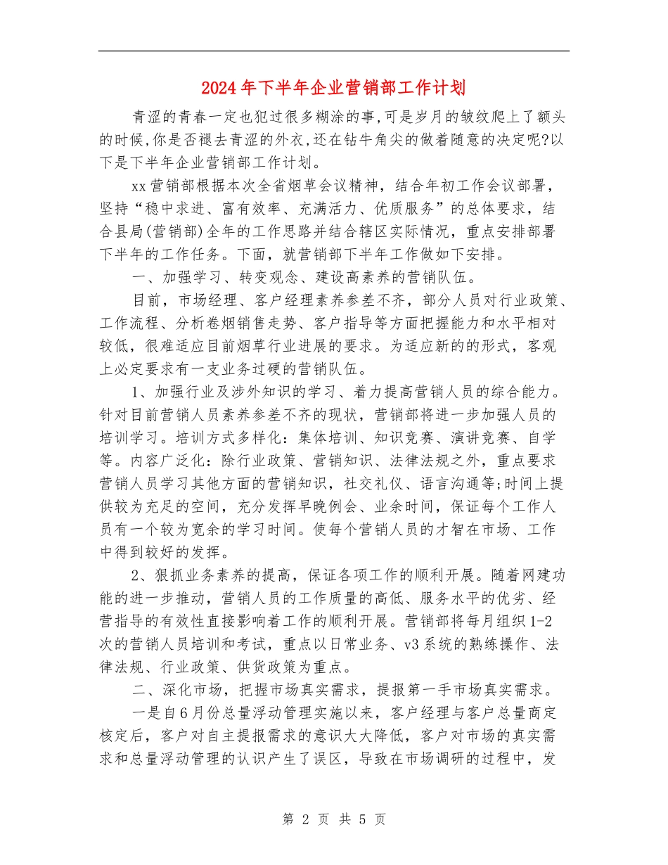 2024年下半年企业营销部工作计划_第2页