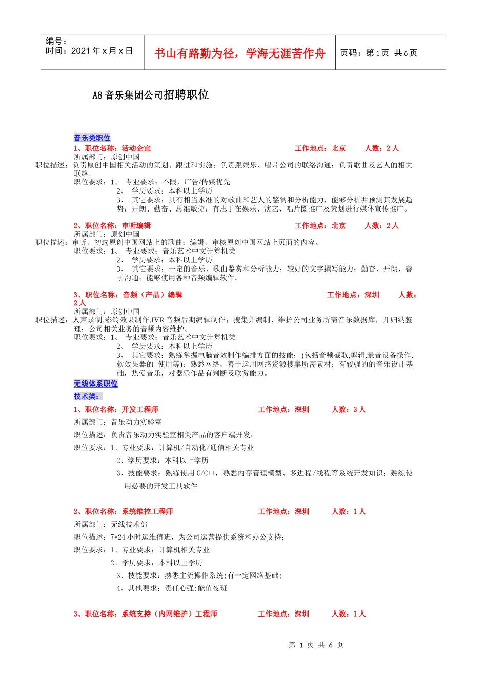 人力资源-2022A8音乐集团公司招聘职位_第1页