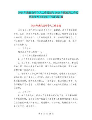 2024年焦化公司个人工作总结与2024年煤炭局工作总结范文及2024年工作计划汇编