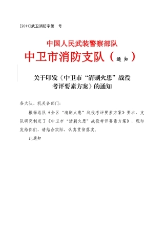 中卫市“清剿火患”战役考评要素方案