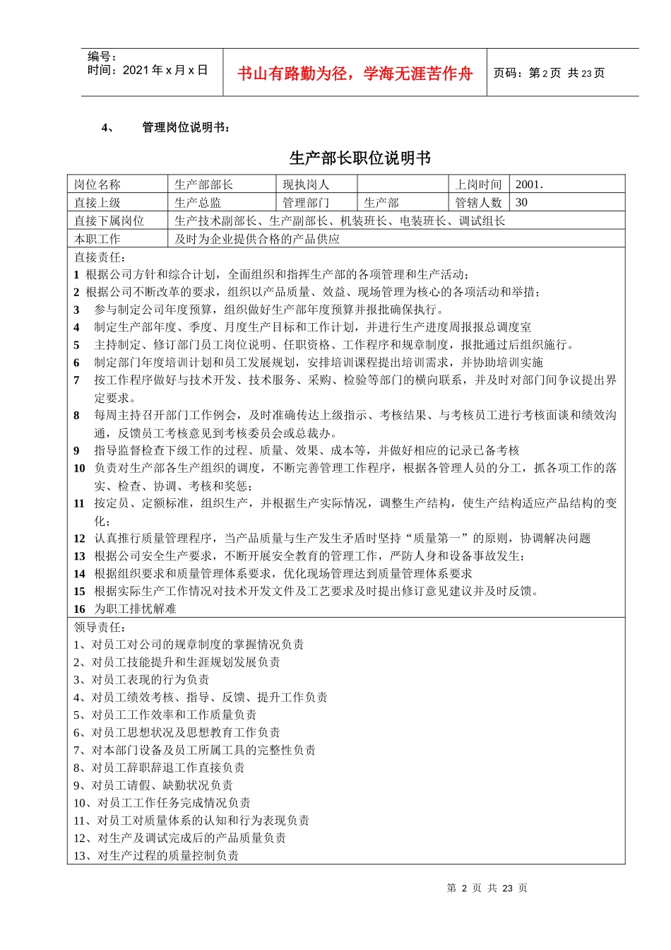 人力资源-2022p部门负责人岗位职责及任职资格_第2页