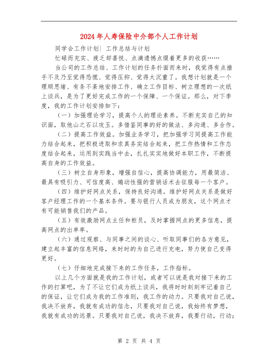 2024年人寿保险中介部个人工作计划_第2页