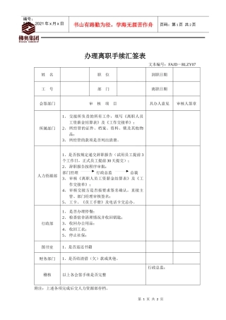 人力资源-2022RLZY07办理离职手续汇签表