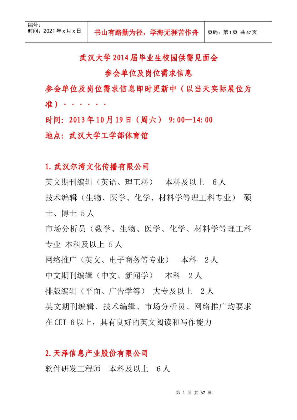 人力资源-20222014届毕业生校园供需见面会参会单位及岗位需求信息_第1页