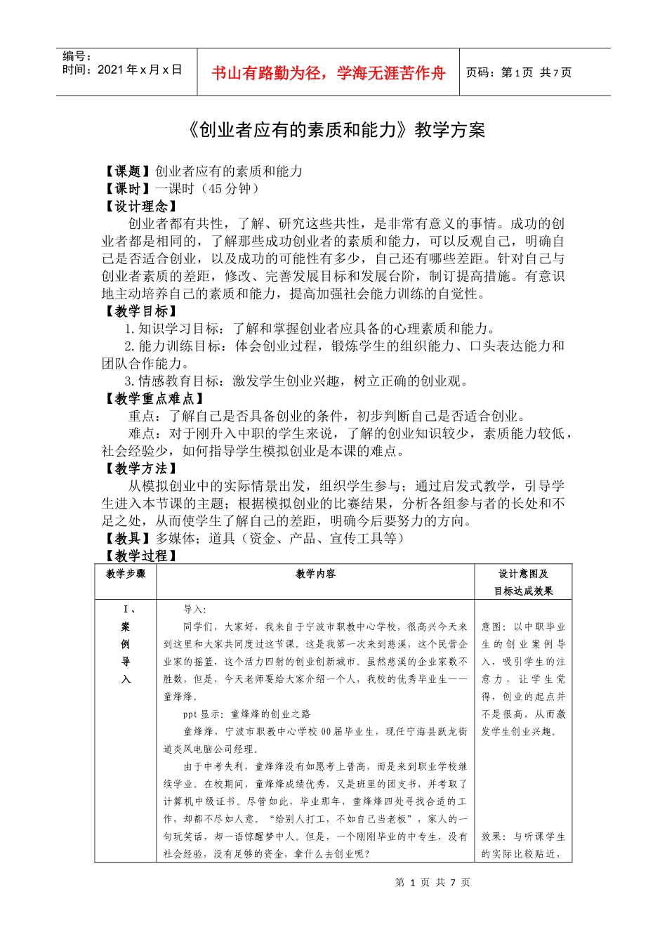 创业者应有的素质和能力教学方案_第1页