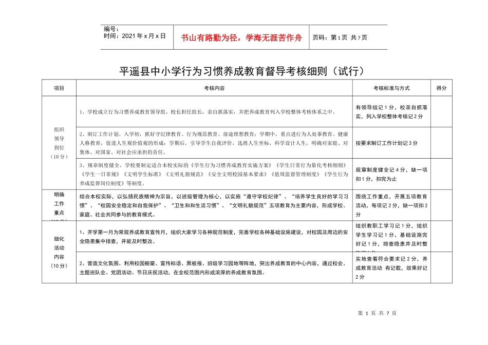 平遥县中小学行为习惯养成教育督导考核细则(试行)_第1页