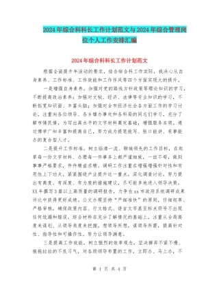 2024年综合科科长工作计划范文与2024年综合管理岗位个人工作安排汇编